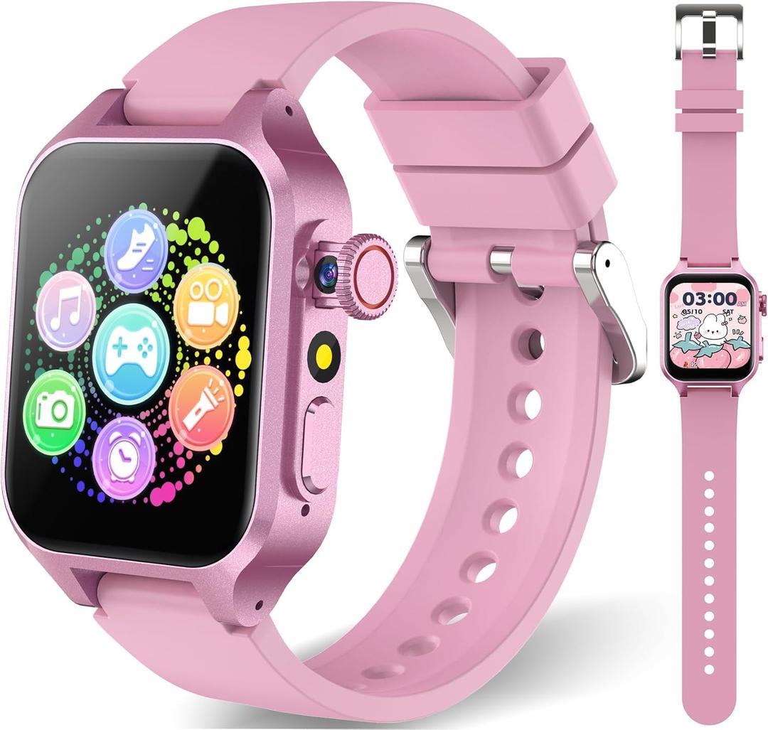 Smart Game Watch for Kids with 32 Games, Telescopic Camera, Pedometer, Alarm, Video, Music, Auidobook, Learn Card, Parental Control, Kids Wrist Watch for Ages 4-12 Girls Boys Chrismars Birthday Gifts (Pink)