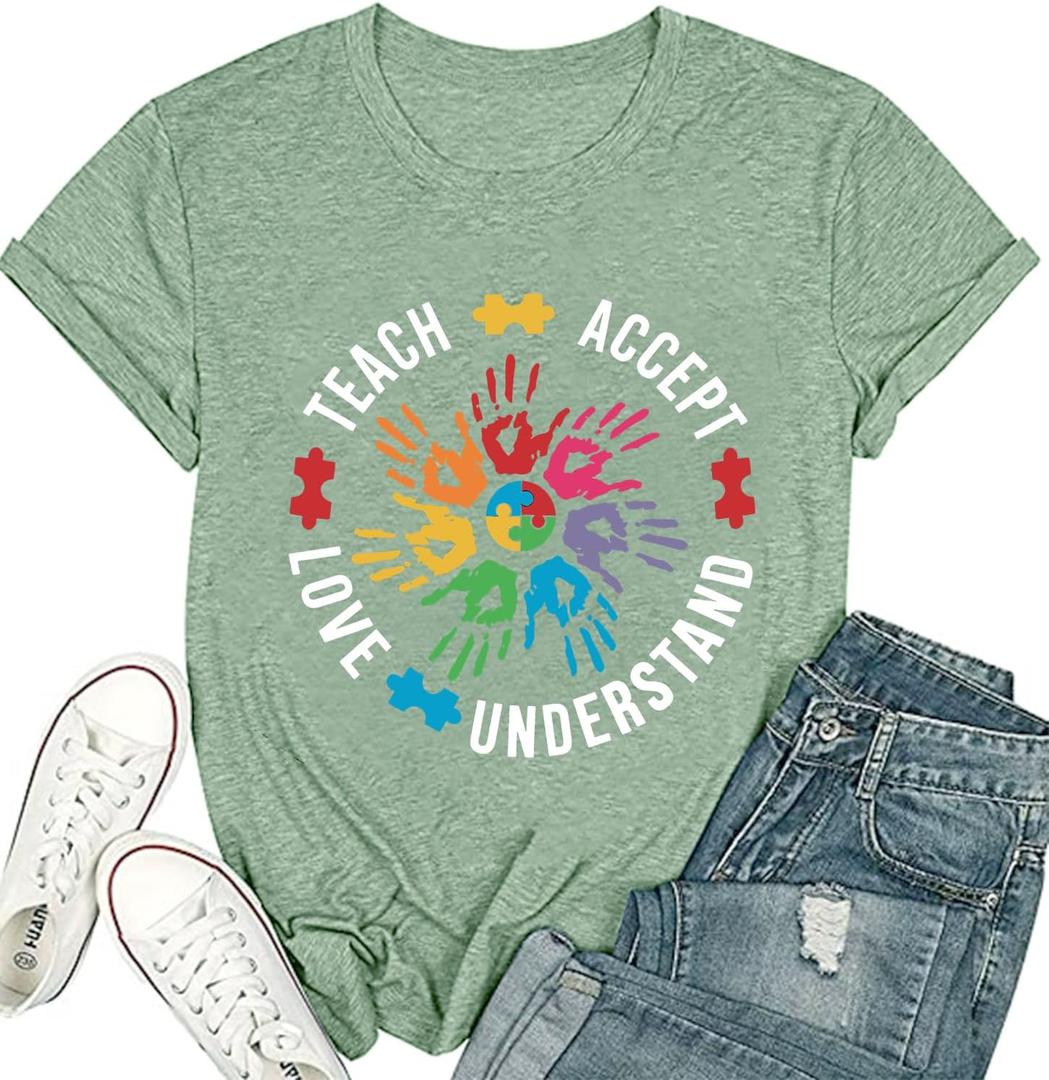 Teach Accept Understand Love Autism Awareness Shirt Women Teacher Shirts, Large
