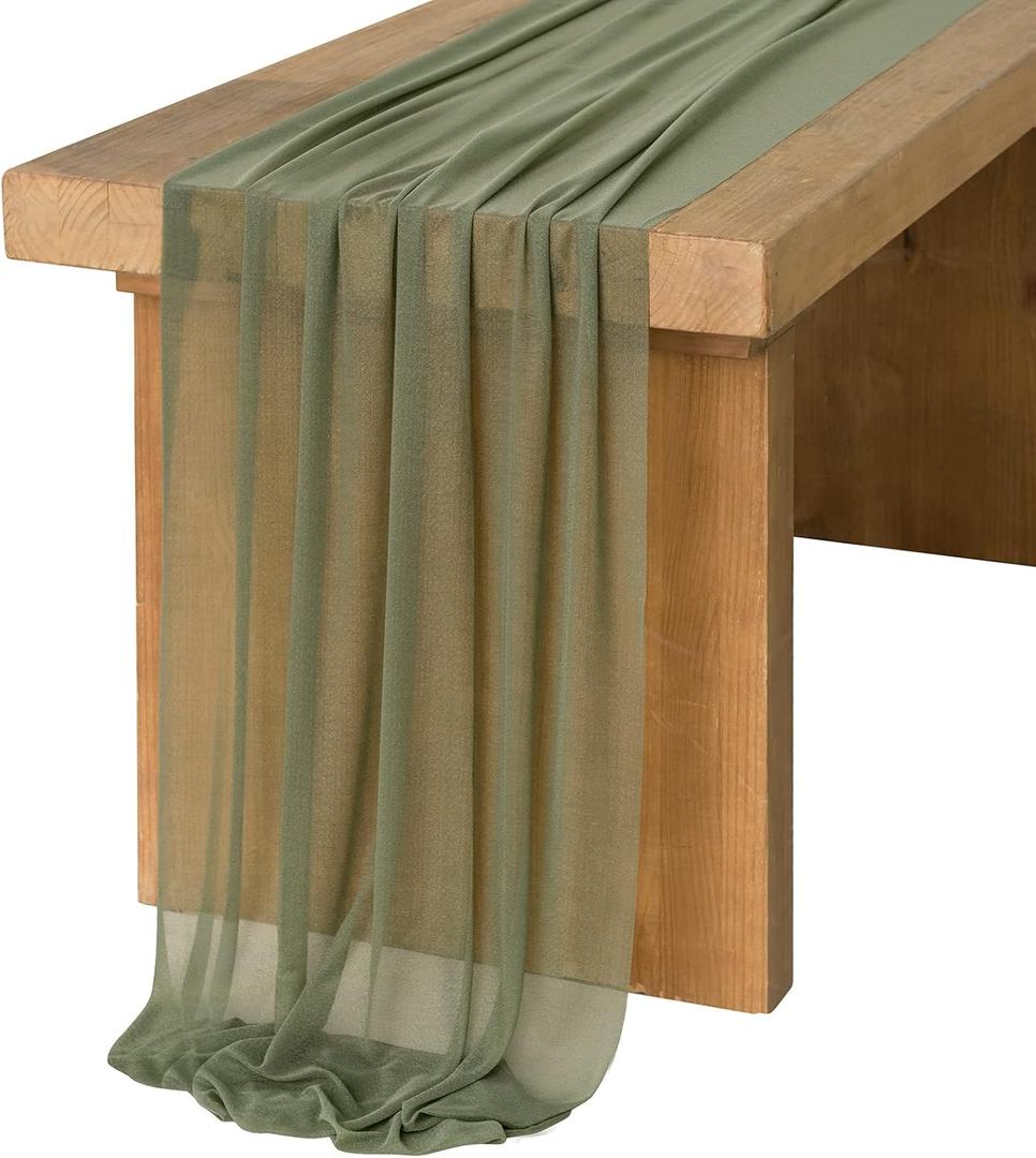 Ling's Moment 14Ft Sage Green Chiffon Like Table Runner with Silver Sparkle Light Green Sheer Table Runner for Wedding Rustic Boho Wedding Party Bridal Shower Decorations Birthday Campsite Green