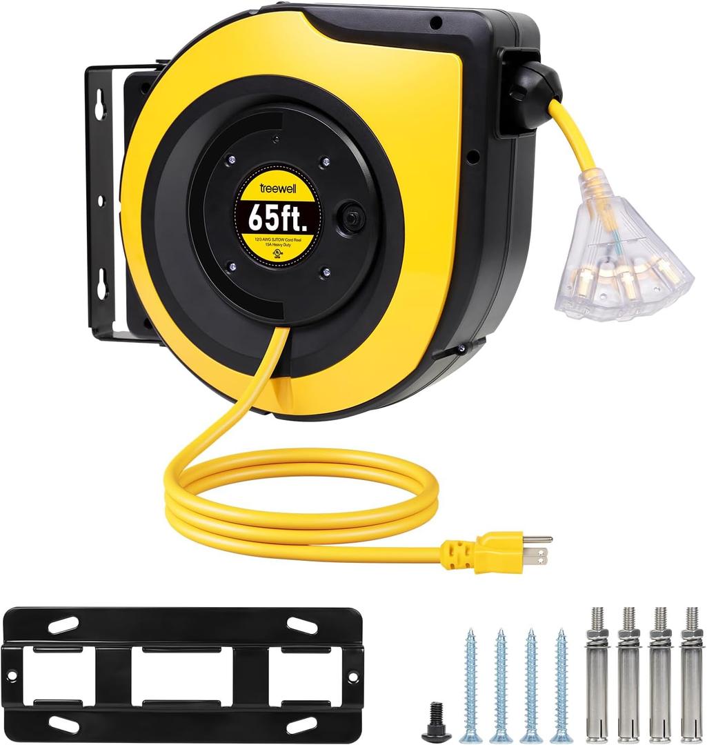 65FT Retractable Extension Cord Reel, 12AWG/3C SJTOW Heavy Duty Power Cord with Lighted Triple Outlets, 15A Circuit Breaker, 180 Swivel Removable Bracket for Wall/Ceiling Mount, UL Listed (Yellow)