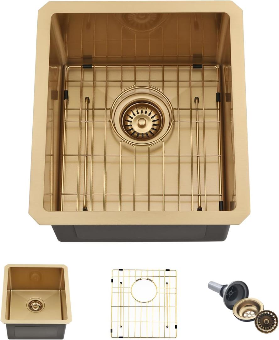 Gold Bar Sink, 13 x 15 Inch Undermount Kitchen Sink Small Wet Bar Prep 16 Gauge Stainless Steel RV Kitchen Single Bowl Basin, 13"x15"x10"