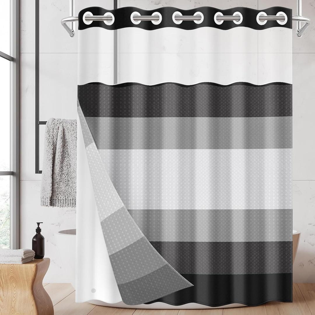 No Hook Shower Curtain with Snap in Fabric Liner Set, Waffle Weave Striped Grey Black Modern Heavy Duty Bathroom Curtain Set Sheer Mesh Top Waterproof Double Layers Hotel Style, 71x74 Inch