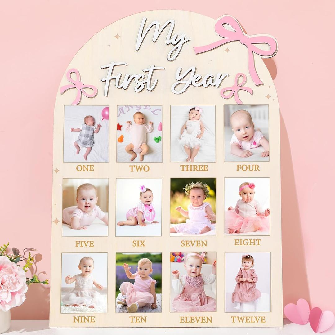 Pink Bow First Year Photo Board Coquette Bow Birthday Party Wooden Board Decorations 12 Monthly Milestone Picture Frame One Year Old Wood Sign 1st Birthday Photo Banner for Baby Girls Keepsake Gift