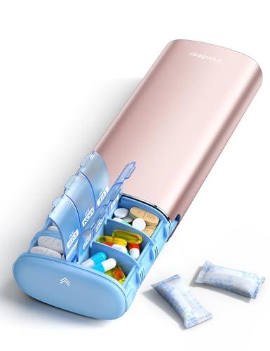 Vaydeer Metal 7 Day Pill Organizer 2 Times a Day – AM PM Weekly Travel Pill Case with Moisture-Proof Desiccant, Airtight Large Capacity Pill Box for Vitamins, Medications & Supplements (Rose Gold)
