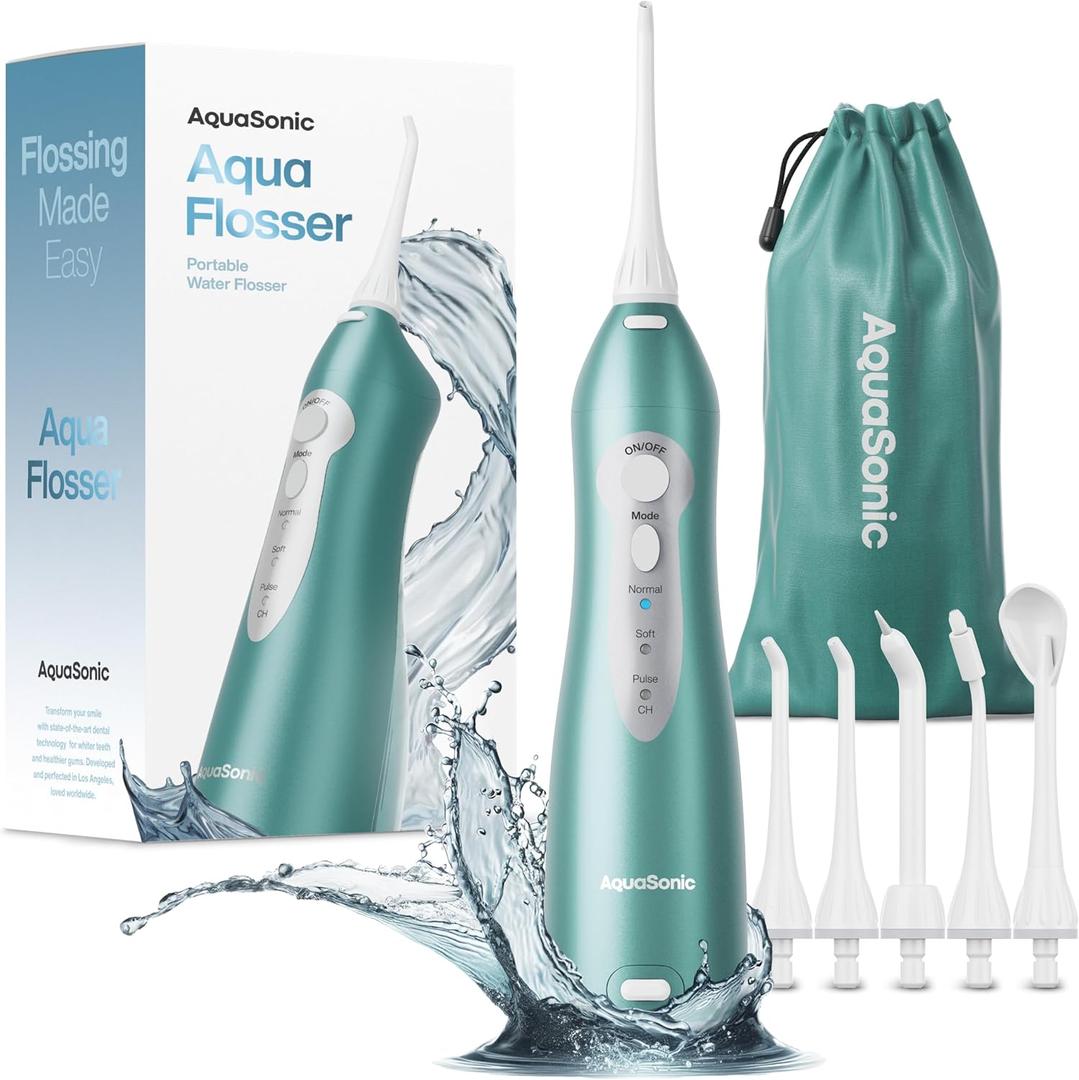 AquaSonic Water Flosser - Cordless Rechargeable Water Flossers for Teeth Cleaning - Waterproof Aqua Flosser, Portable Oral Irrigator for Dental Cleaning with 5 Jet Tips  Braces Home Travel (Mint Green Metallic)