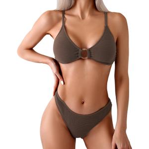 Women's Sexy Bikini Set, Jade Ring Two-Piece Swimsuit with Removable Chest Pads & Textured Fabric, S-XL