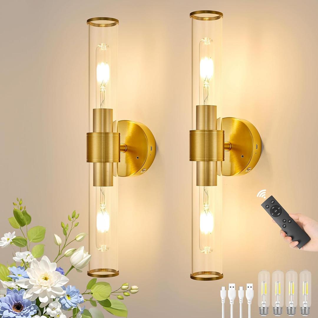 Morauroral Gold Battery Operated Wall Sconces Set of 2, Rechargeable Wall Lights with Remote Control, 20 Inch Modern Wireless Wall Lamp for Bedroom, Living Room with Clear Glass Shade (Bulbs Included)