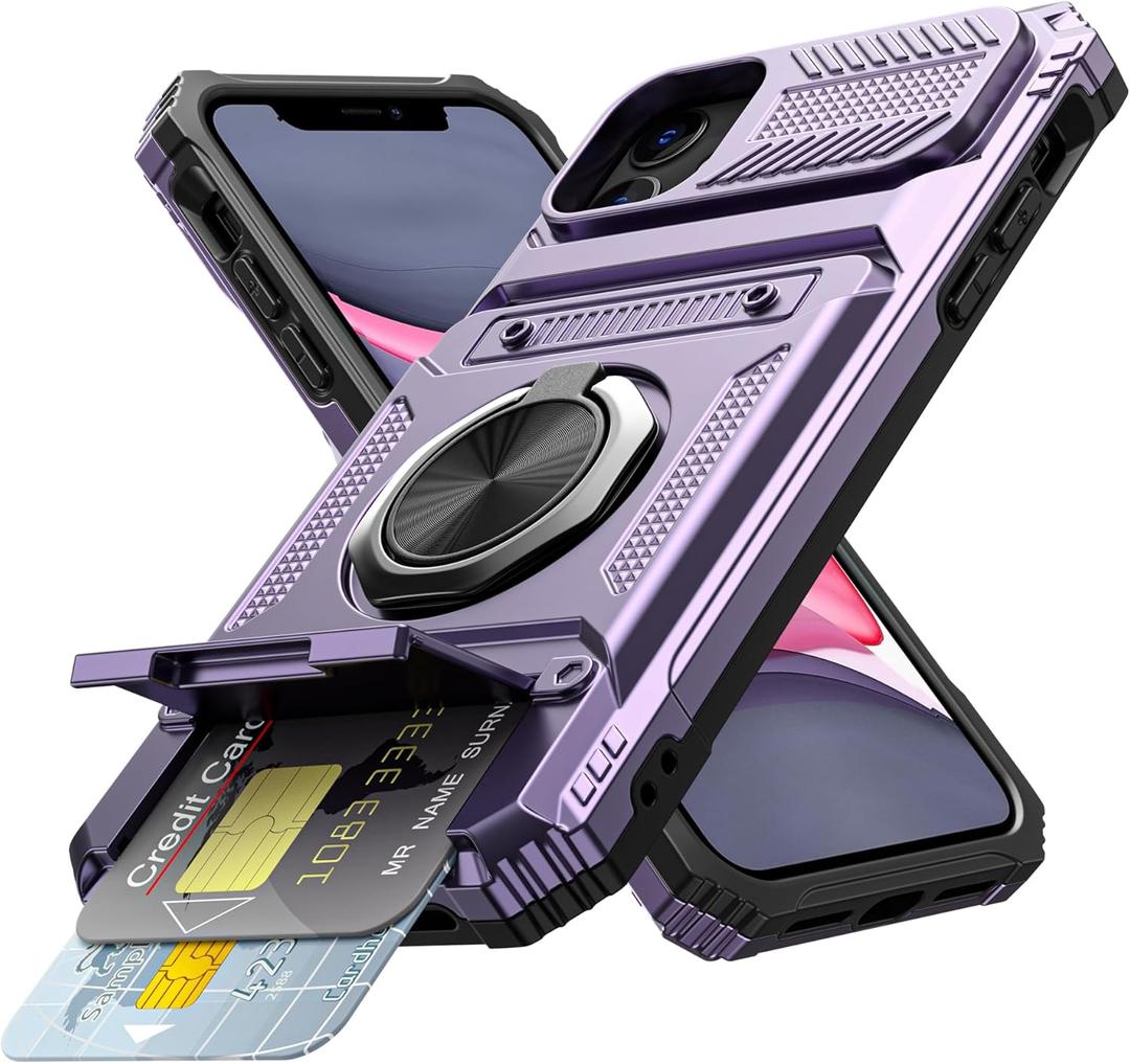 Vofolen for iPhone 11 Wallet Case with Card Holder [Store 2 Cards] + 360 Rotated Ring Stand Kickstand Dual Layer Heavy Duty Shockproof Wallet Phone Case for iPhone 11 for Women Men, 6.1 Inch Purple