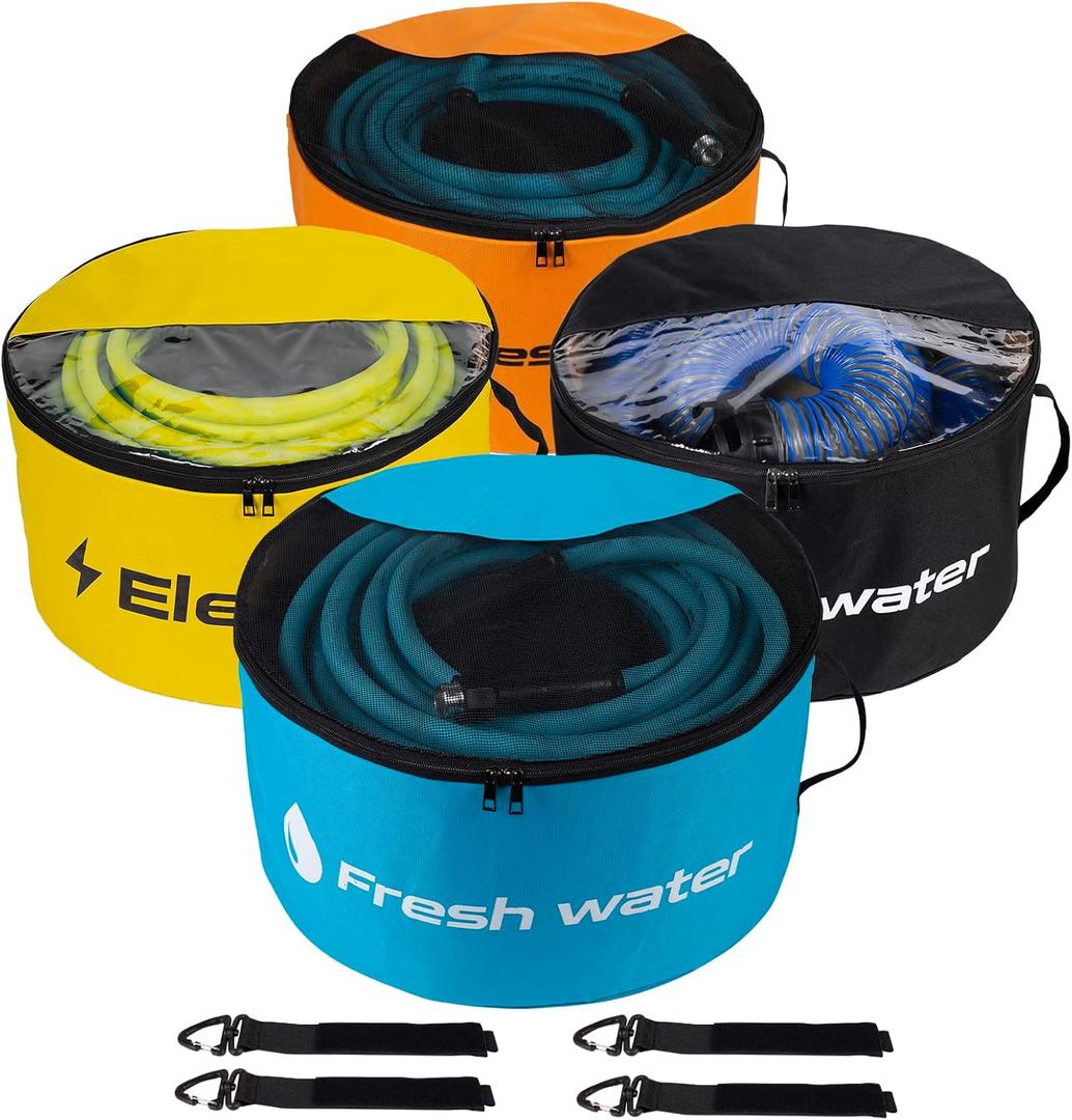 RV Sewer Hose Storage 4 Packs, Two-Way Zipper Closures and Visible Cover for RV Storage And Organization, Waterproof Accessories Bag for Garden Fresh Water Hoses Electrical Cords Camper Tools