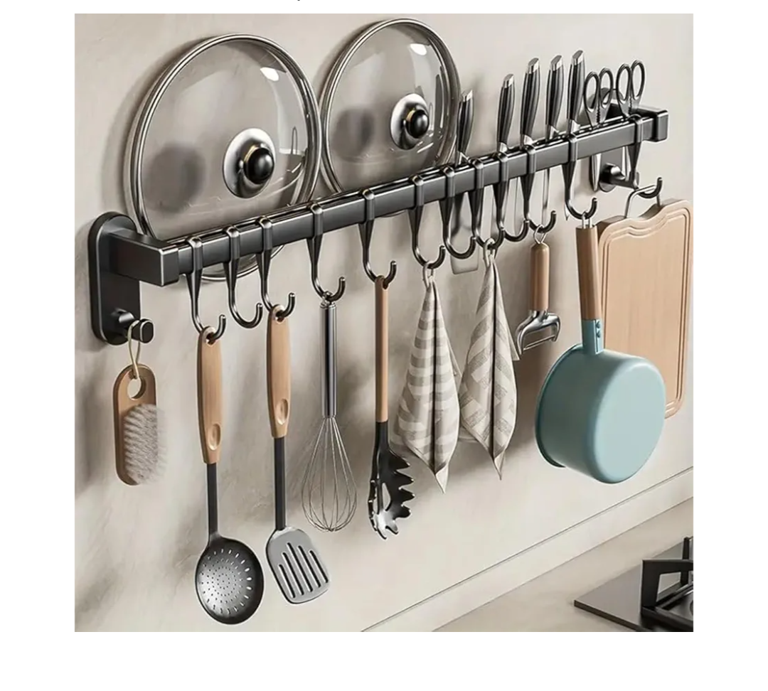 Adhesive Wall Mounted Pot Pan Rack, Kitchen Wall Mounted Detachable Pan Lid Utensils Organizer Hanging Rail with 8 Hooks for Kitchen Bathroom Bedroom,17.7''