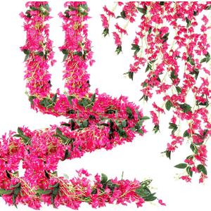 Thiccywoov 24 Pcs 70.8" Artificial Bougainvillea Flowers Garland Totally 141.4 ft Fake Silk Bougainvillea Vines Long Plant Faux Wreaths for Centerpieces Runner Wedding Arch Wall (Rose Red), 5.9 Ft