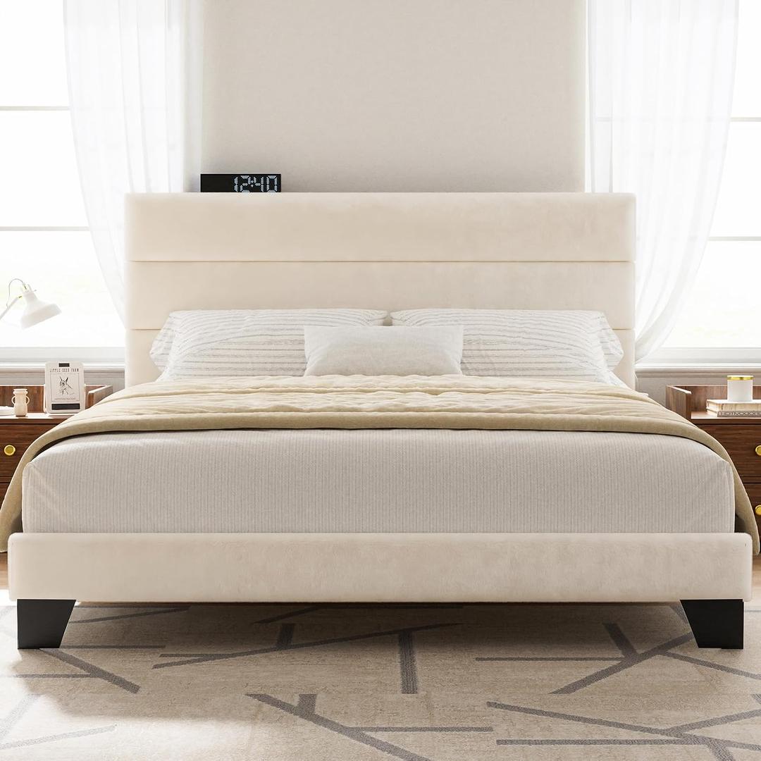COMHOMA Queen Size Bed Frame Luxury Velvet Upholstered Platform with Modern Channel Tufted Modular LED Headboard Adjustable Gaps Sturdy Metal Frame No Box Spring Needed Easy Assembly Noise Free