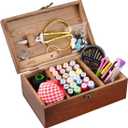 Sewing Kit, Wooden Sewing Kit Box for Adults, Wooden Sewing Basket with Accessories, Home Sewing Basket Stitching Repair Kit for Beginner, Women, Men,Vintage Embroidery Scissors Kit (Retro Brown)