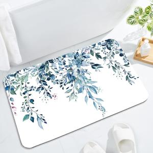 Gibelle Eucalyptus Leaves Bath Mat Rug Super Absorbent Quick Dry Thin Bathroom Rugs Fit Under Door Non Slip Rubber Backed Bathroom Floor Mat for in Front of Bathtub Sink Shower (17"x24", Blue) (A003)