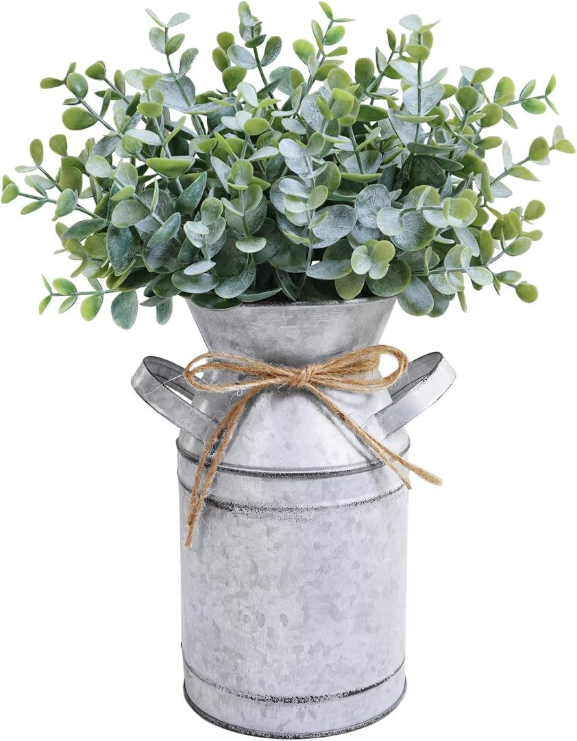 Winlyn Farmhouse Galvanized Metal Milk Can with Artificial Eucalyptus Greenery Arrangement Fake Plants Farmhouse Centerpieces 11.8" Tall for Rustic Country Wedding Home Table Tiered Tray Shelf Dcor
