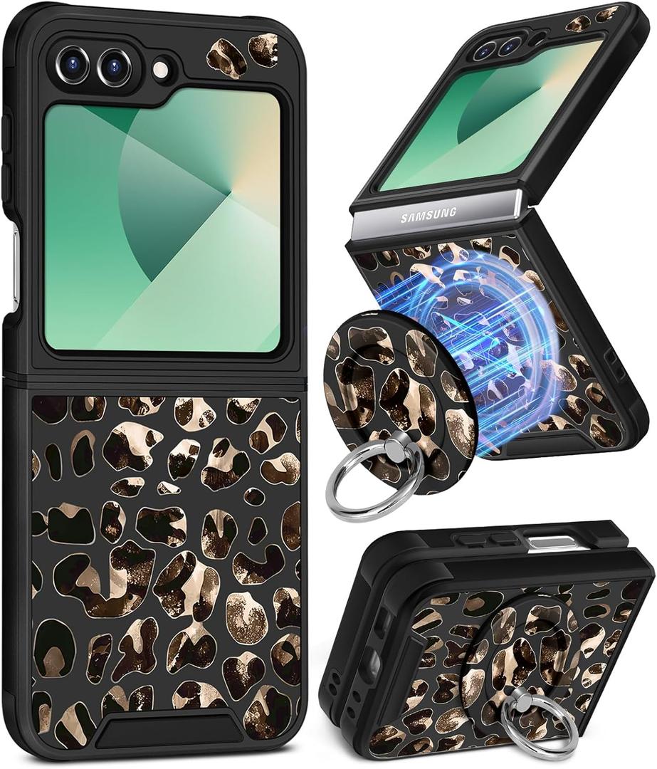 Buleens for Samsung Galaxy Z Flip 6 Case - with Ring Stand & Camera Cover Aesthetic Cute Designed for Women Girls Girly Cool Brown Leopard Teens for Galaxy Z Flip 6 Phone Case Compatible with Magsafe