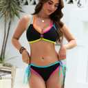 Fayenne Womens Bikini Sets Color Block Metal Ring Cutout Two Piece Swimsuit V Neck Crisscross Tie Back Cheeky Bathing Suit (Black, L)