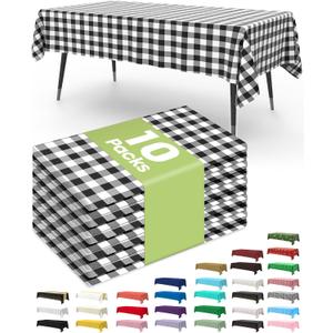Pureegg Plastic Table Cloth Disposable 10 Pack, 54 x 108 Inch Table Cloths, Party, Picnic, Decorative Gingham Tablecloths, Rectangle, Black and White Checkered Cover, Leakproof & Sturdy, Black Plaid