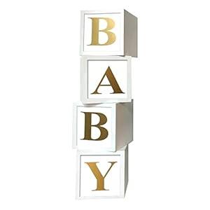 Baby Shower Boxes Party Decorations - 4pcs Stereoscopic White Gold Boxes with Gold Baby+A-Z Letters,Babe Balloon Party Box Blocks for Teddy Bear BabyShower,Boy Girl 1st Birthday Parties Backdrop