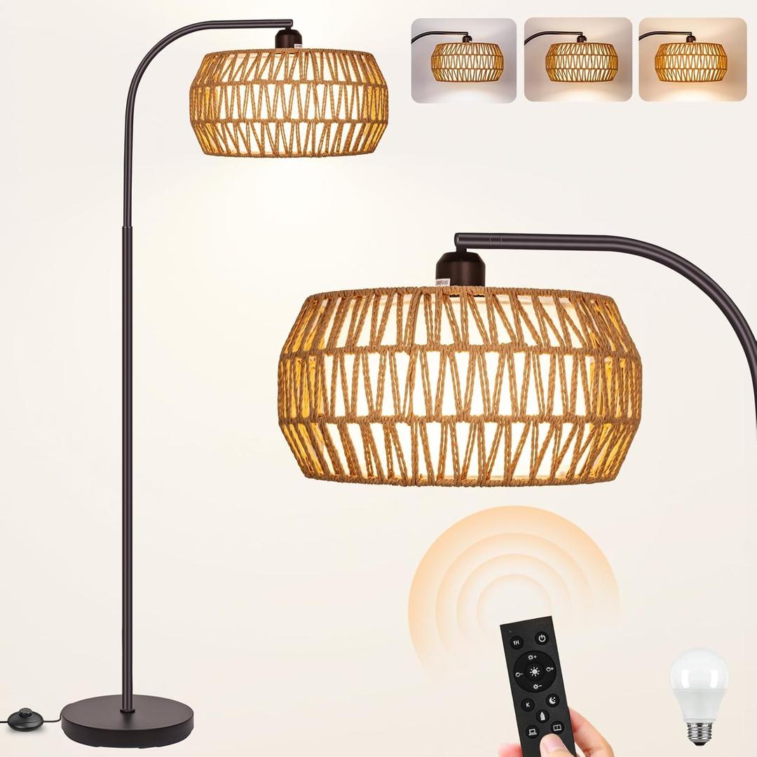 Rattan Standing Lamp with Remote and Dimmable Bulb, Bronze Arch Floor Lamp, Over Couch Lamp with Foot Switch, Brown Boho Lamp for Living Room, Bedroom, Office, Classroom
