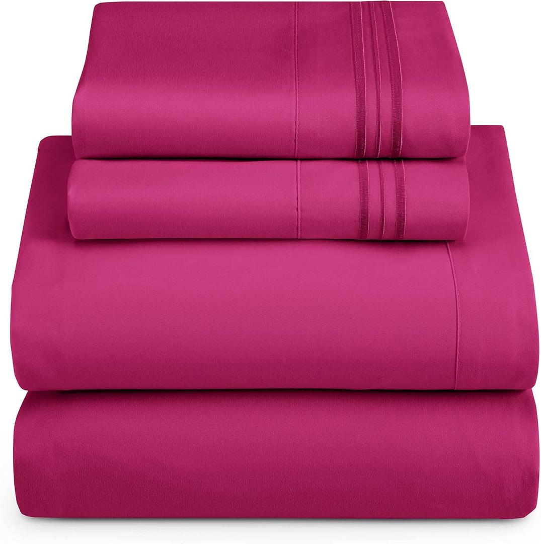 Hearth & Harbor Full Size Sheets - 4 Piece Bed Sheet Set, Hotel Luxury Double Brushed Bed Sheets - Extra Soft Bedding Sheets & Pillowcases, Full, Magenta