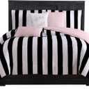 Juicy Couture Cabana Stripe Reversible Bedding Set - Queen Size - Black and White Stripe Print 6 Piece Set Includes 1 90" x 90" Comforter, 3 Decorative Pillows, 2 Shams, Queen/Full