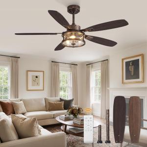 Fanbulous Farmhouse Ceiling Fan with Light and Remote, 52" Black Rustic Ceiling Fans for Bedroom Living Room, Industrial Caged Ceiling Fan for 6 Speed Reversible Motor, 5 Dual Blades