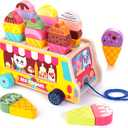 Wooden Ice Cream Truck, 28 pcs Magnetic Ice Cream Sweet Treats Pretend Play Food & Accessories, Montessori Sorting & Stacking Toys for Toddler Girls & Boys Age 2-5
