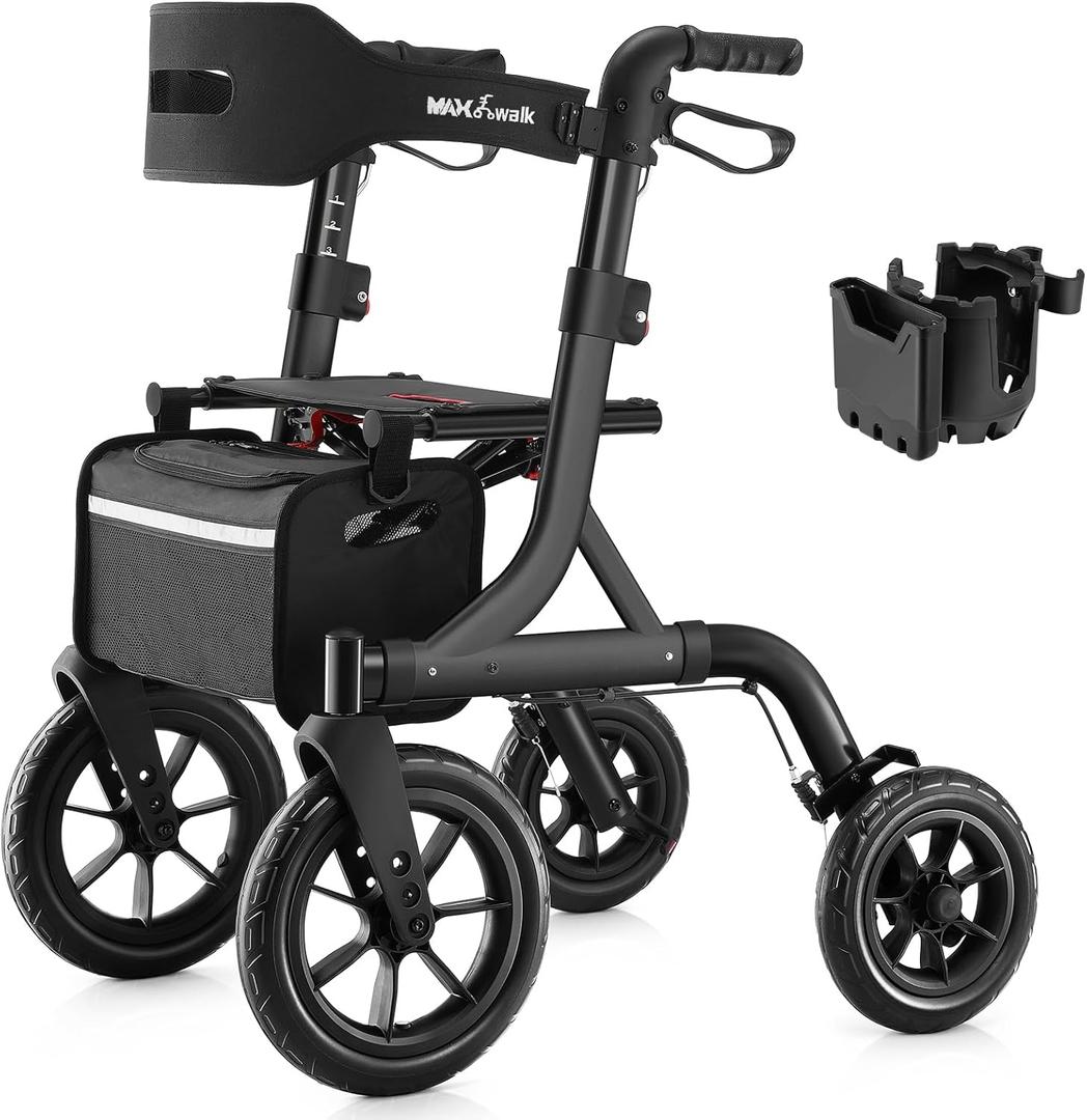 Walkers for Seniors, Rollator Walker with Seat, 12" Big Rubber Wheels All Terrain Rollator Walker with Backrest, Built-in Cable, Cup Holder, Foldable and Height Adjustment for Seniors, Black
