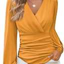 GRACE KARIN Long Sleeve Blouses for Women Dressy Casual, Wrap Tops Work Shirts, 2026 Spring Business Outfits, Size S, Mustard Yellow