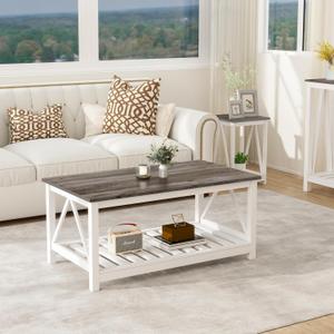 Farmhouse Coffee Table, White Oak Coffee Table for Living Room, 2-Tier Rectangular Wooden Centre Cocktail Table with Slats Shelf Storage and V-Shaped Frame Modern Coffee Oak Grey