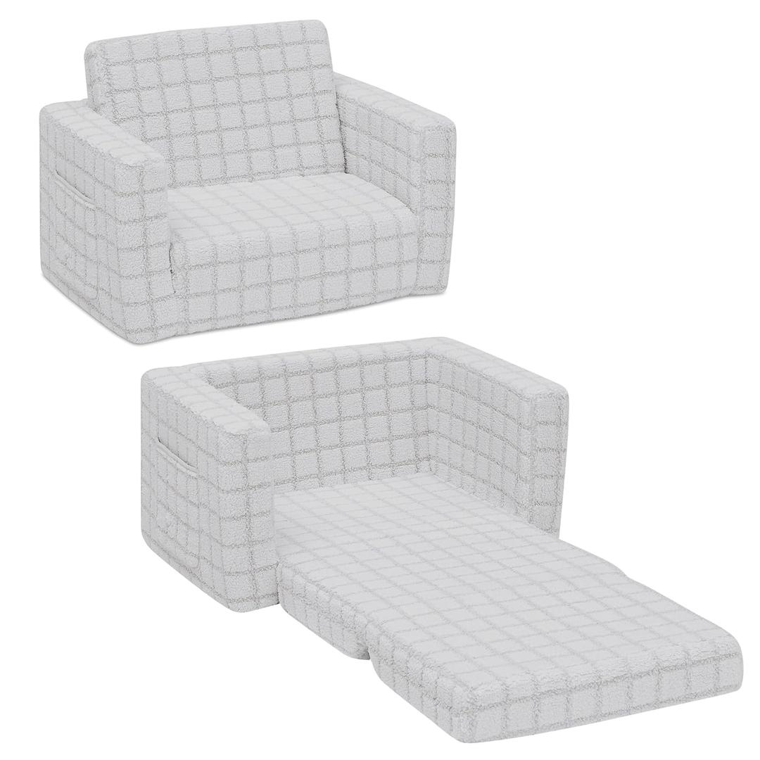 Delta Children Checkered Cozee Flip-Out Kids Chair, Snuggly Sherpa-Like Foam Convertible Armchair for Boys and Girls, Machine Washable Cover, Soft Comfy Toddler Seating for Playroom/Bedroom, Grey