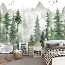 MFWFM Green Forest Wall Mural Watercolor Woodland Wallpaper for Nursery Room (Not Peel n' Stick)