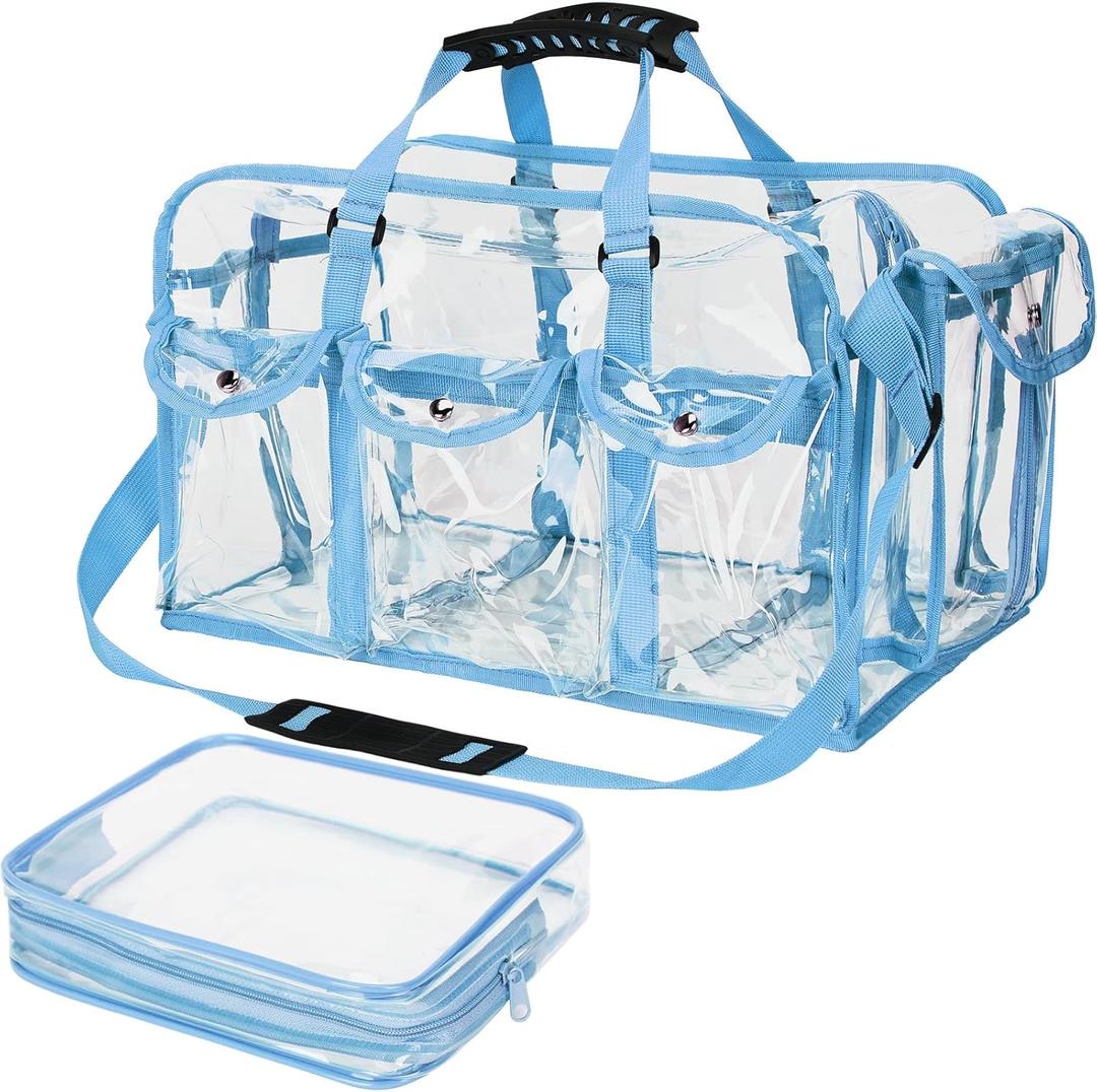 Abbylike 2 Pcs Large Professional Clear PVC Travel Makeup Bag with 4 External Pockets and Shoulder Strap Zippered Toiletry Bags for Women(Blue)