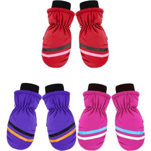 SATINIOR 3 Pairs Kids Winter Snow Mittens Waterproof Ski Mittens Windproof Unisex Gloves for Children Outdoor Activities (7 - 12 Years, Purple, Wine Red, Rose Red)