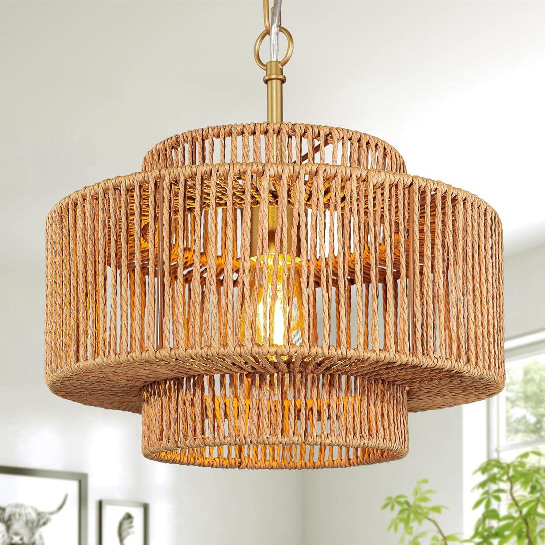 Bagood 12.4" Rattan Chandelier 1-Light Woven Pendant Light Boho Wicker Pendant Lighting Fixture Farmhouse Chandelier Light Fixture Drum Wicker Rattan Gold Chandeliers for Dining Room