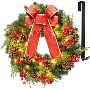 Christmas Wreath 16 Inches, with Metal Hanger, Pre-Lit Artificial Christmas Front Door Wreath Battery Operated with 40 LED Lights Christmas Decorations