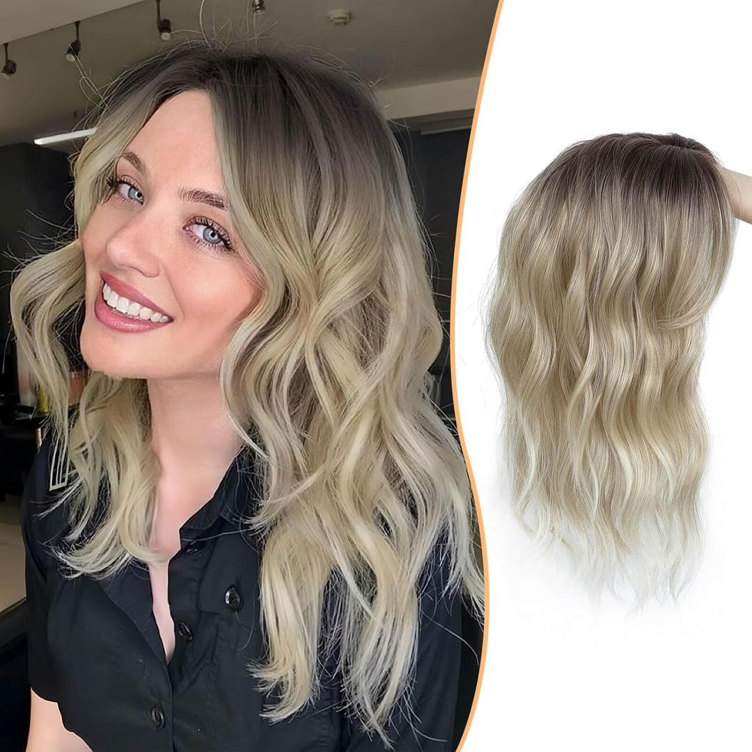 MARJORIE Hair Topper,16inch Wavy Ombre Dark Root Blonde With Highlights Toppers for Women with Thinning Hair Pieces For Women Synthetic with Bangs Wiglets Natural,Perfect for Daily Use & Styling