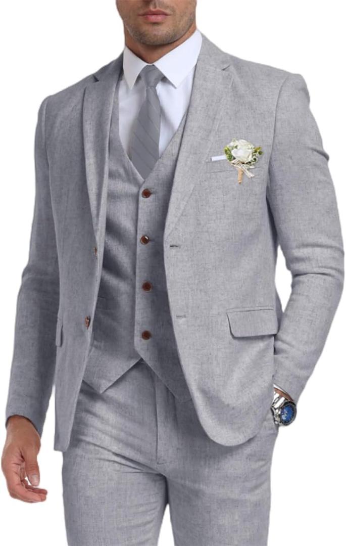 Retro Linen Mens Suit 3 Pieces Light Weight Casual Linen Summer Slim Fit Suits Tuxedo Jacket Blazer Vest Pant for Men