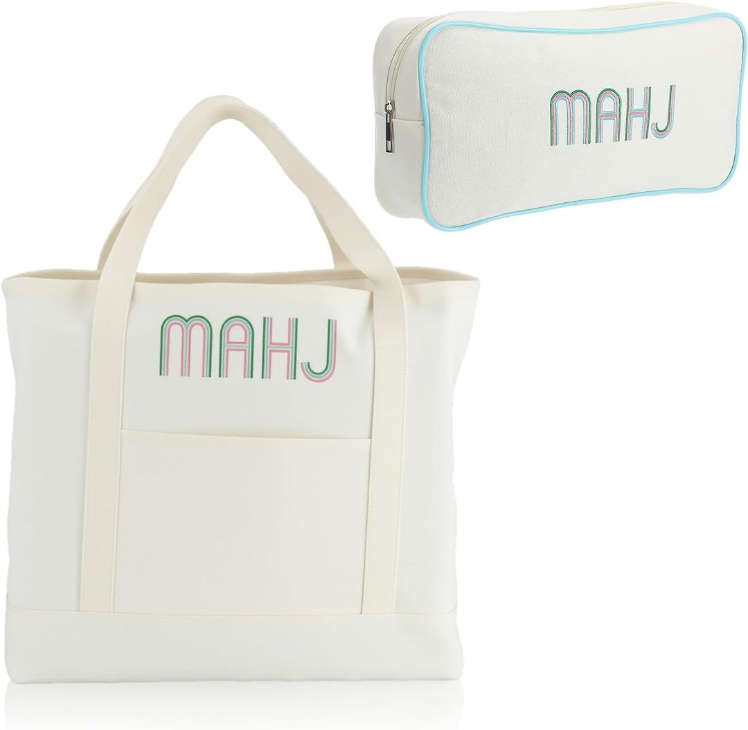 2 Pcs Embroidered Mahjong Canvas Tote (large & Extra Large) Empty Tiles Tote Embroidered Tile Bag for Mahjong Lover Accessories Overnight (Blue)