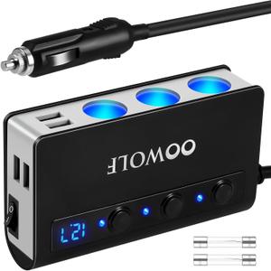 OOWOLF 7 in 1 Cigarette Lighter Splitter, 180W Quick Charge 3.0 12V/24V 3-Socket Car Charger Adapter, 4 USB Ports Car Power Adapter Car Splitter, Independent Switches, LED Voltmeter, 2.3FT Cable (BLACK-GREY)