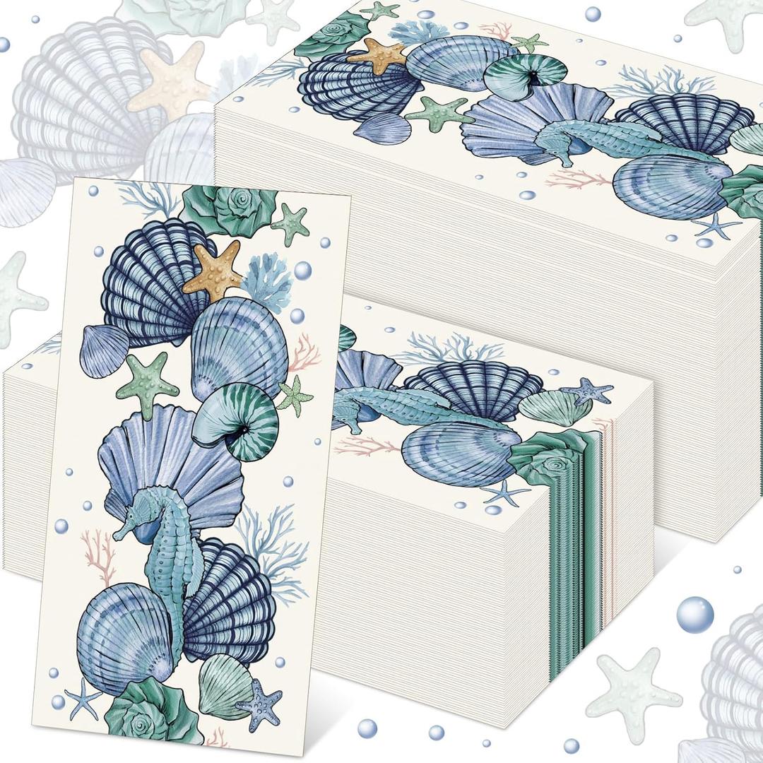 100 Pcs Summer Ocean Disposable Paper Guest Towels for Bathroom Beach Decorative Hand Towels Seashells Starfish Seahorse Blue Sea Napkin for Wedding Bridal Shower Party Kitchen Dinner Table