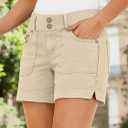 Flamingals Women's Mid Waist Solid Split Side Flap Pocket Casual Shorts (Beige, M)