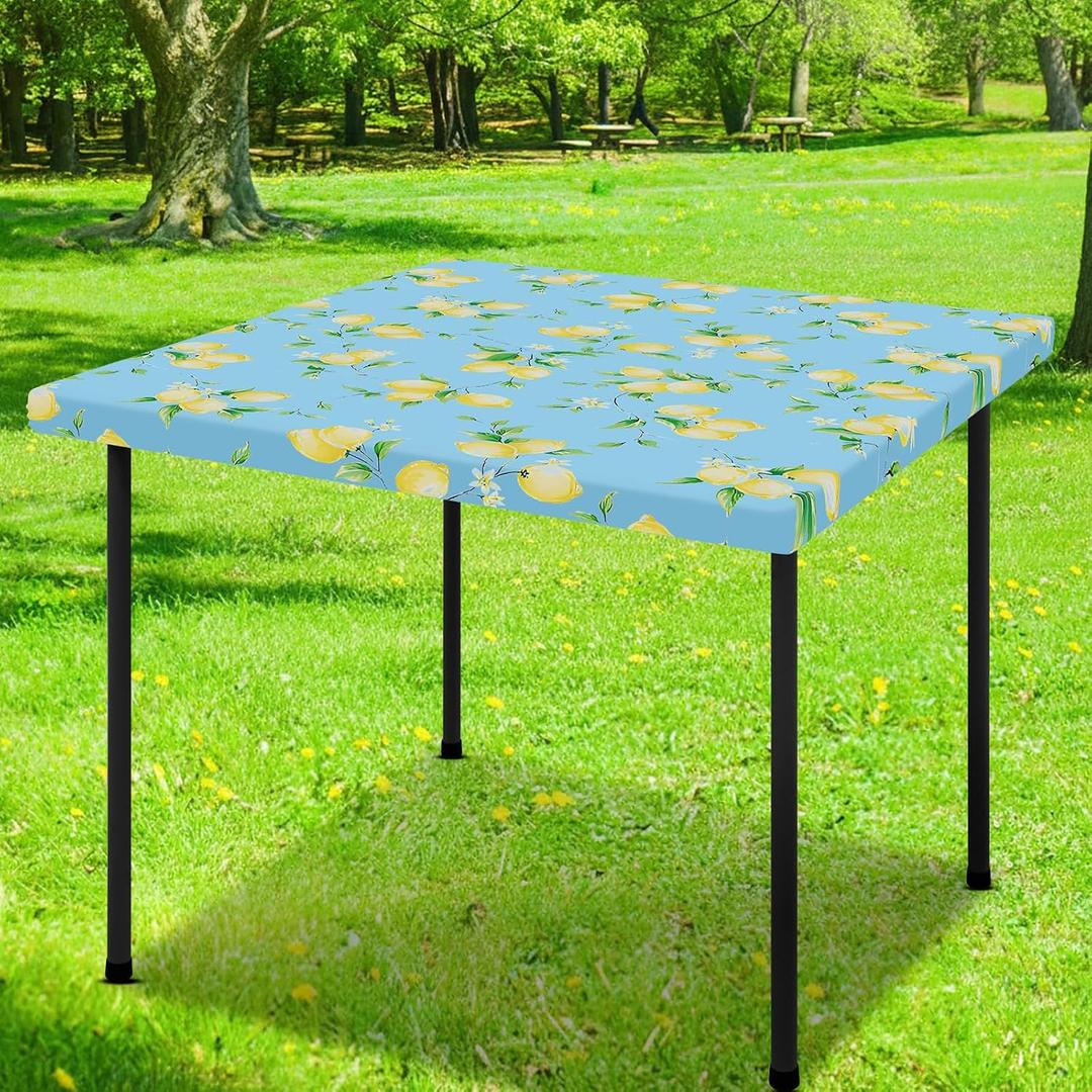 Smiry Square Table Cloth Cover, Waterproof Elastic Fitted Picnic Tablecloth, Wipeable Flannel Backed Vinyl Tablecloths for Camping, Dining, Outdoor (Blue & Yellow, 36" x 36")