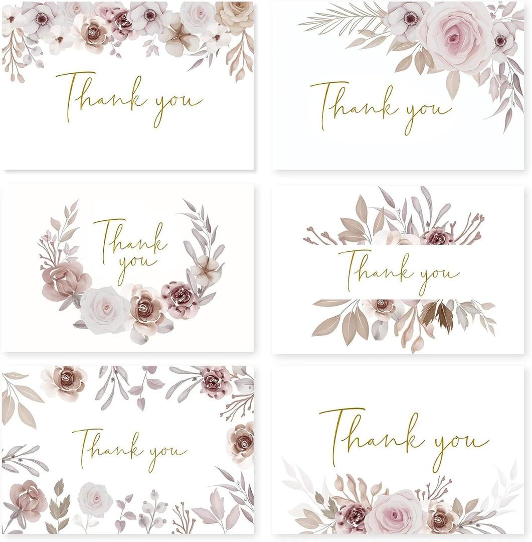 48 Pack Pre-Folded Floral Thank You Cards with Envelopes & Stickers, 6 Elegant Designs for Wedding, Baby Shower, Bridal Shower, Teacher Gifts (Pink Floral)