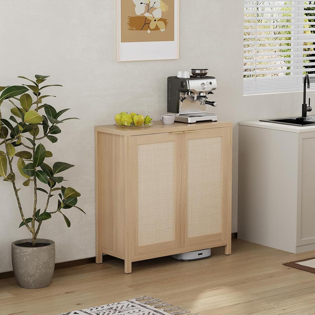 Farmhouse Kitchen Sideboard Buffet Storage Cabinet with Rattan Decorated Doors, Cupboard Console Table Wood Buffet Cabinet with Adjustable Shelves for Hallway Living Dining Room Entryway (Light Oak)