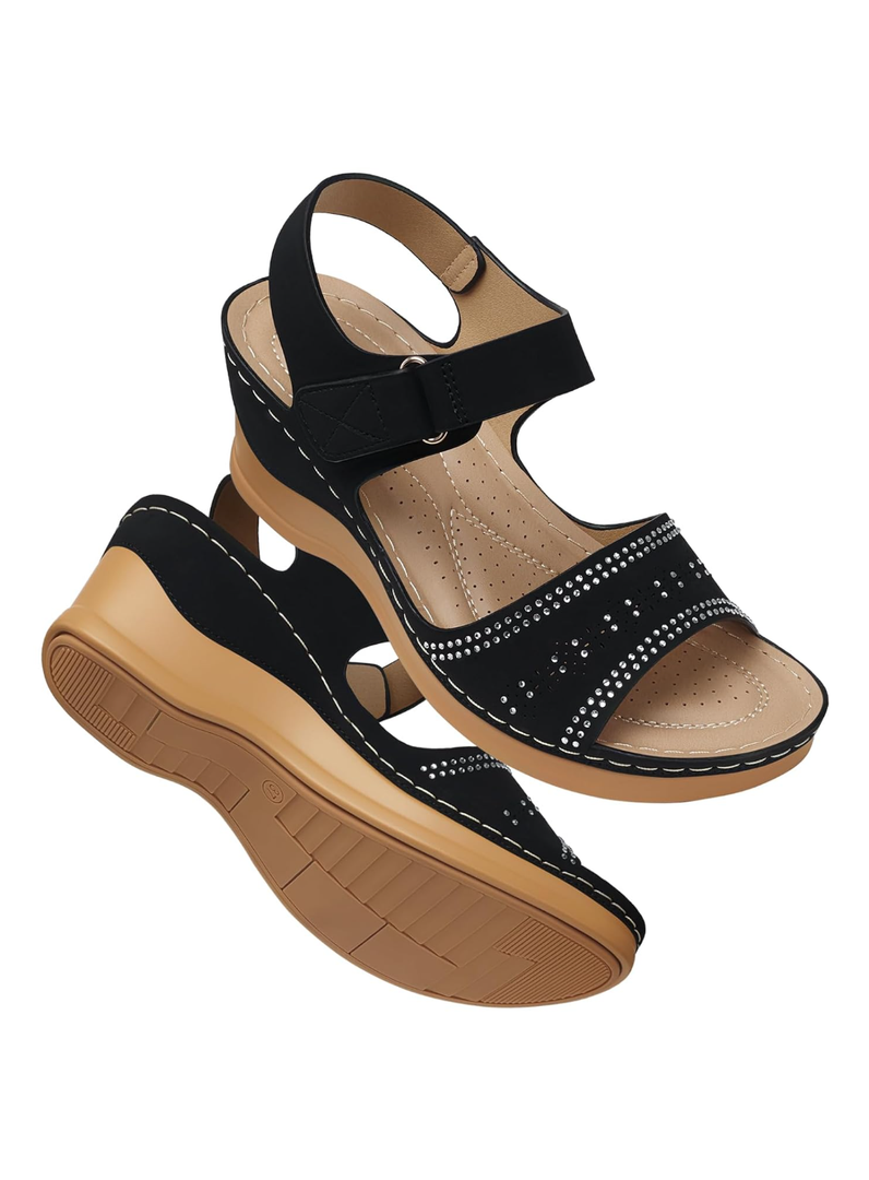 SHIBEVER Wedge Sandals For Women Low: Dressy Summer Sandal - Comfortable Rhinestone Sandals, 40 , Black, 10