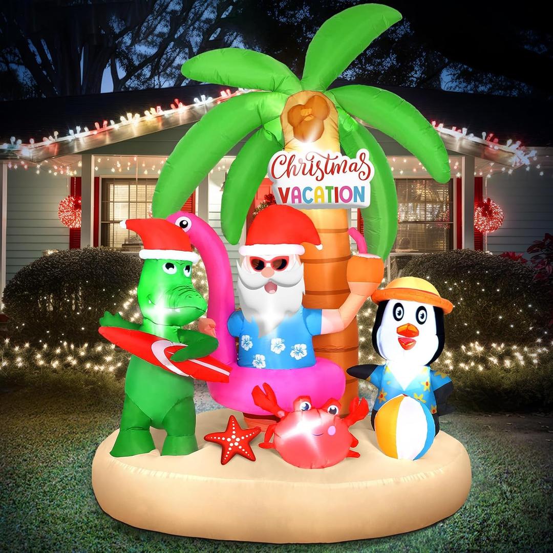 Christmas Santa Inflatable Outdoor Decorations, Christmas Blow up Yard Decorations, 7 ft Inflatable Santa Vacation Decor with Build in LED Light for Xmas Holiday Garden Lawn