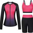 GRACE KARIN Women's 3 Piece Rash Guard Built-in Bra Long Sleeve UV Sun Protection Swimsuit Zip up Swim Top Shirt Modest, Size Large