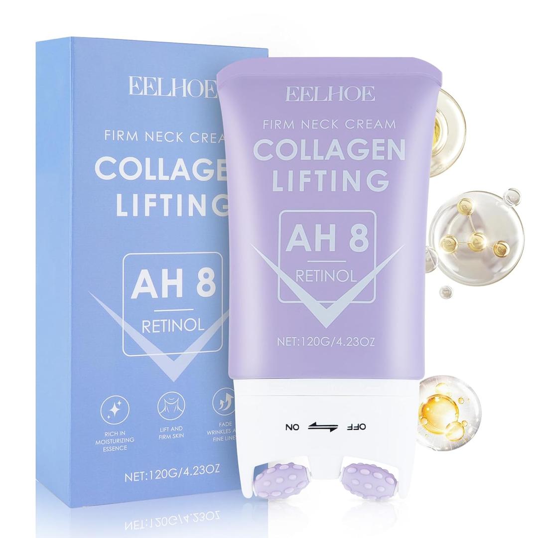 EELHOE Neck Lift Cream with AH8 & Retinol, 2-in-1 Neck Firming Cream with Double Rollers, Fast-Absorbing Formula for Wrinkles, Sagging Skin, Face Lifting, 4.23 oz